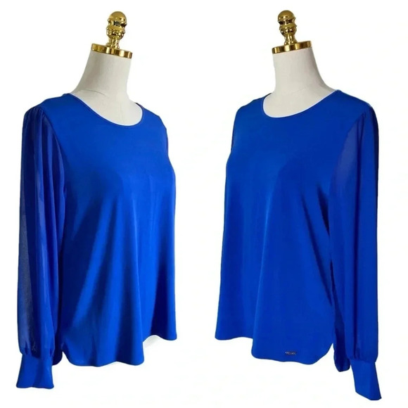CALVIN KLEIN | Women's Long Sleeve Blue Jersey with Chiffon Sleeves Top Size M - Picture 4 of 10